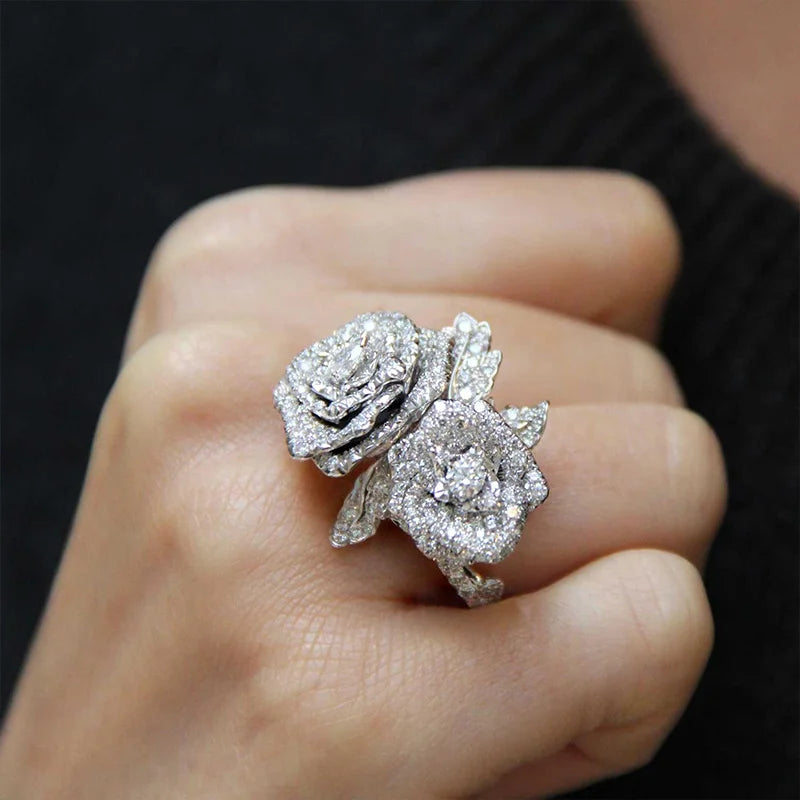 Bague Fleur Rose Zircon Brillant — Élégante Alliance de Mariage