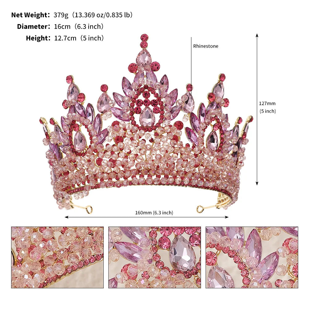 Accessoires de cheveux de mariage colorés roses, coiffe de concours de beauté, diadème de mariée Fait à la main en CRISTAL coloré avec perles