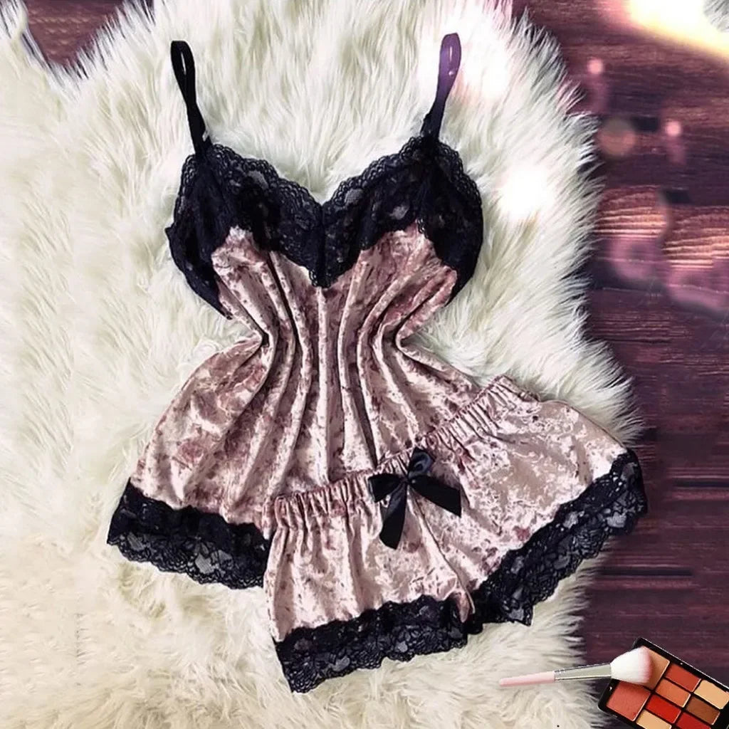 Ensemble Pyjama Velours Automne Hiver Femme Lingerie Sexy Vêtements de Nuit Mignon Débardeur et Short Ensembles Pyjama Loungewear
