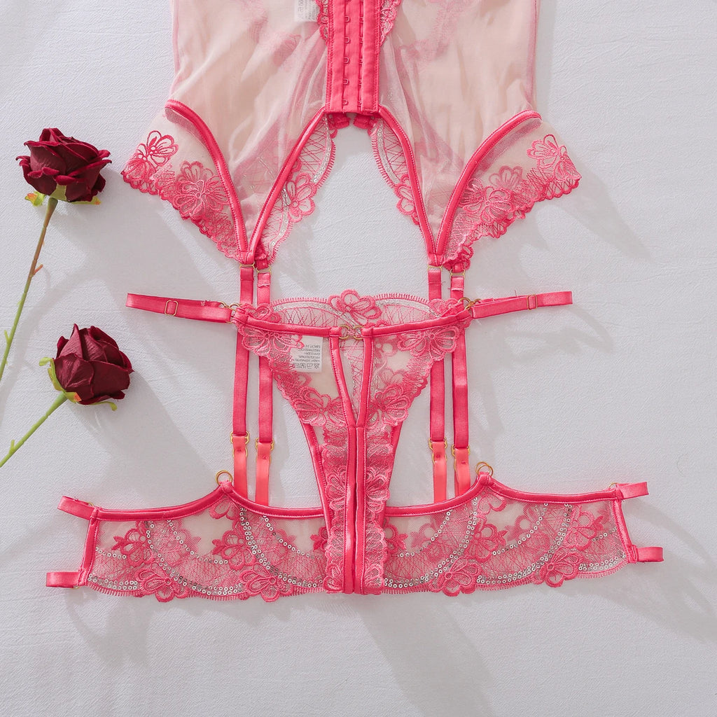 MUZISKAT2026 Ensemble de lingerie trois pièces haut de gamme français en dentelle transparente évidée, dos nu, ajusté et sexy