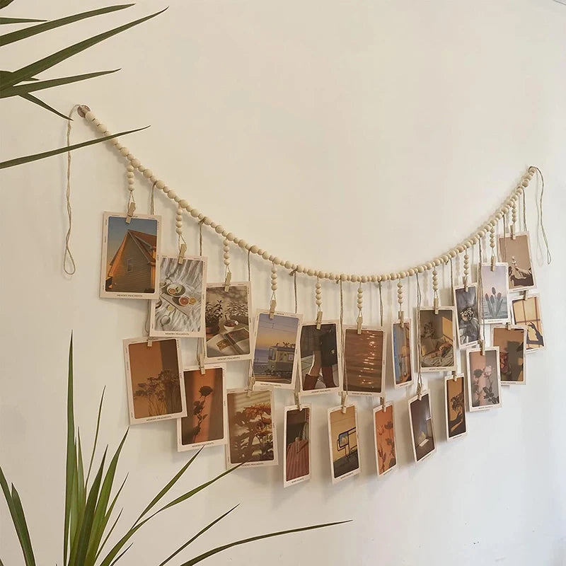 Décoration Murale Accrochable Photo, Décoration Bohème pour la Maison, Perles en Bois, Tapisserie Macramé Murale, Décoration de Chambre Esthétique, Cadeau