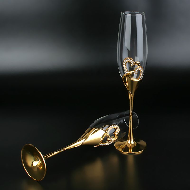 Wedding Wine Glasses Handmade Bride And Groom Toasting Flutes Wedding Accessories Valentine's Day Gift(Gold Hearts,set Of 2)
