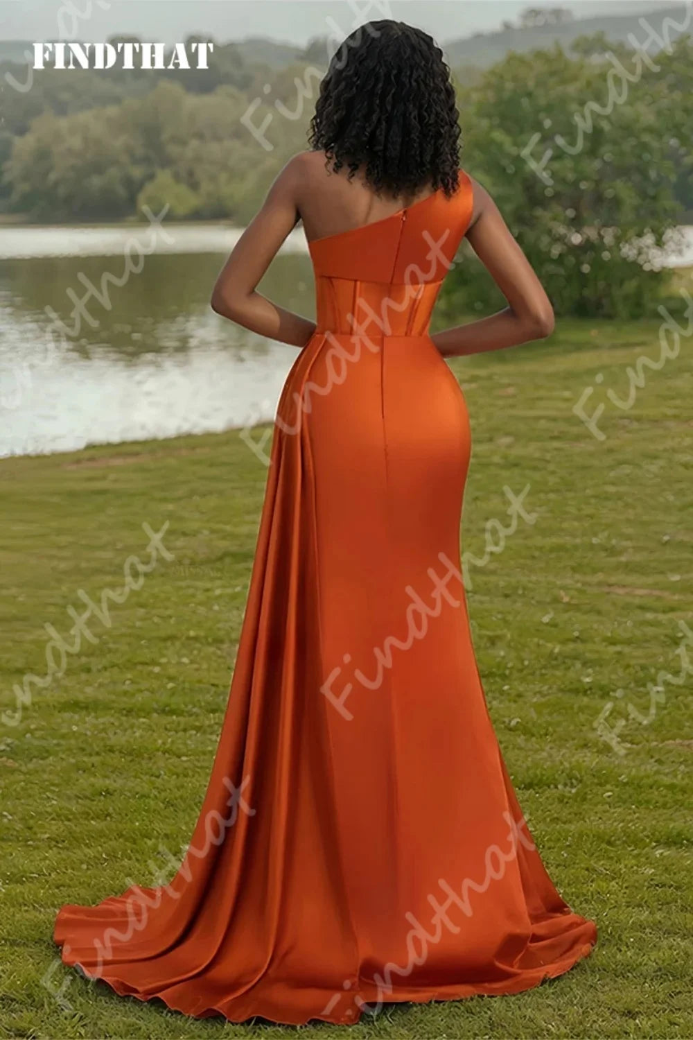 Findthat Robe de Demoiselle d'Honneur Sirène Fendue pour Soirée, Robe Longue de Bal Orange à Une Épaule, Robe d'Invitée de Mariage Personnalisée