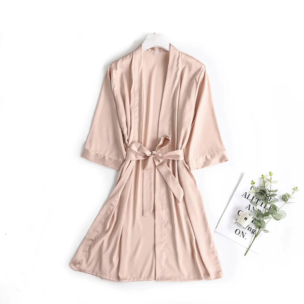 Peignoir de mariée blanc pour femme, robe de chambre matinale, manches 3/4, chemise de nuit ample, peignoir kimono en satin de soie, lingerie