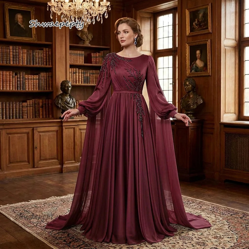 Robes de Soirée Élégantes Musulmanes en Mousseline de Soie Perles Robe de Bal Longue Ligne A Manches Longues Bourgogne Robes de Soirée Formelles pour Femmes Personnalisables