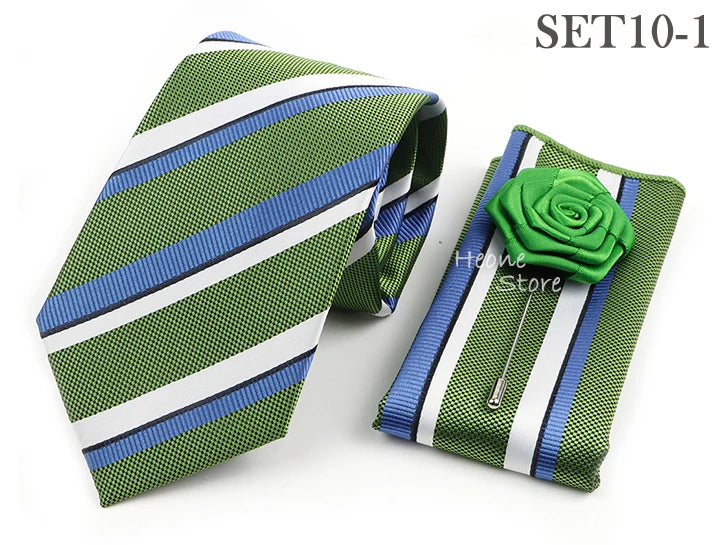 Men's Striped Necktie, Pocket Square & Brooch Set | Groom & Groomsmen Wedding Accessory