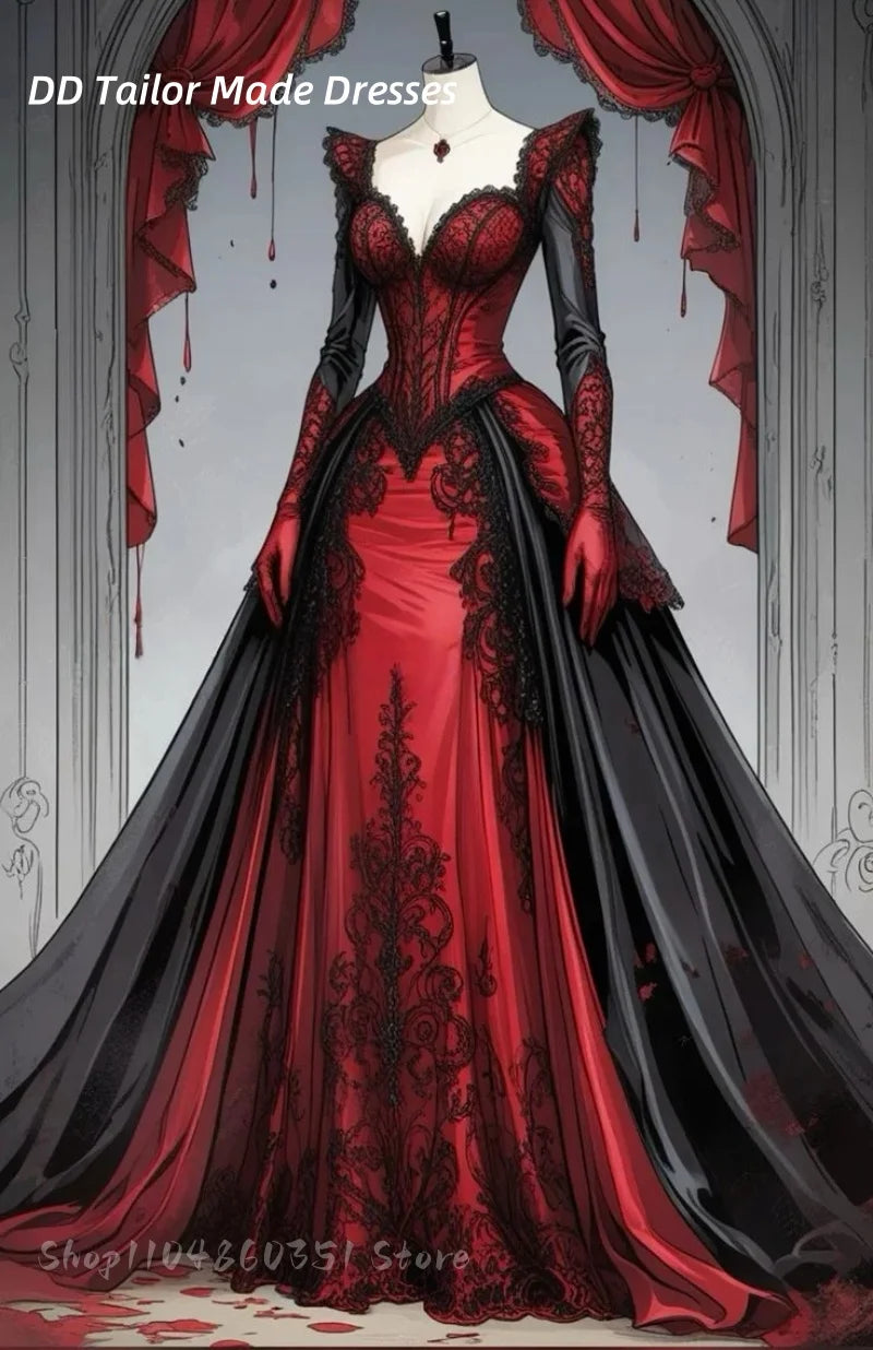Robe de mariée gothique vampire à manches longues, avec appliques de dentelle, coupe trapèze, longue, vintage victorienne, corset de mariée personnalisé