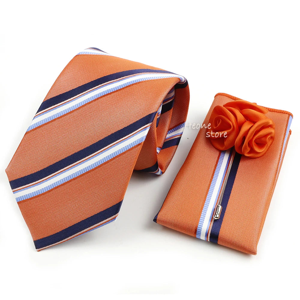 Men's Striped Necktie, Pocket Square & Brooch Set | Groom & Groomsmen Wedding Accessory