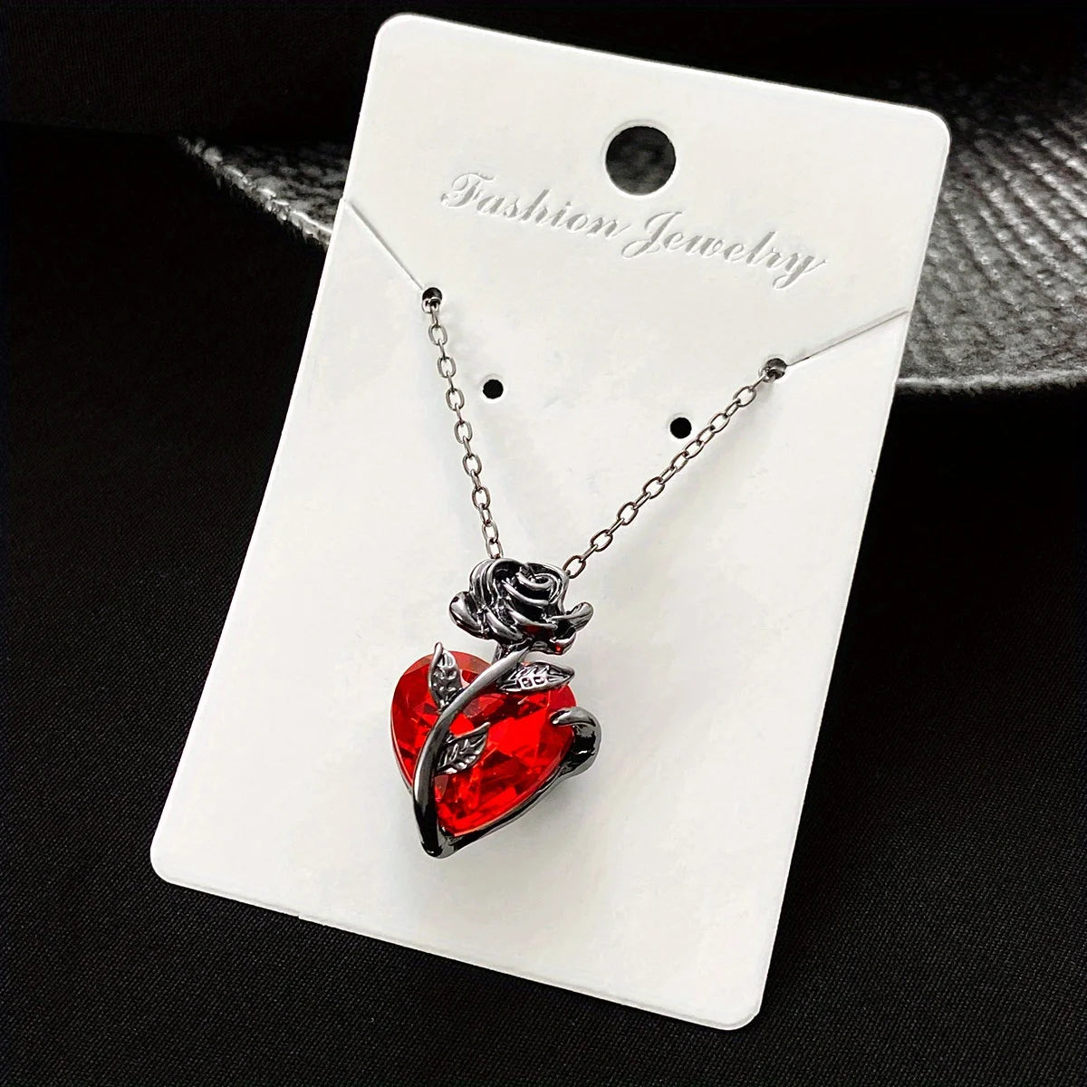 Gothic Black Rose & Red Stone Heart Pendant Necklace