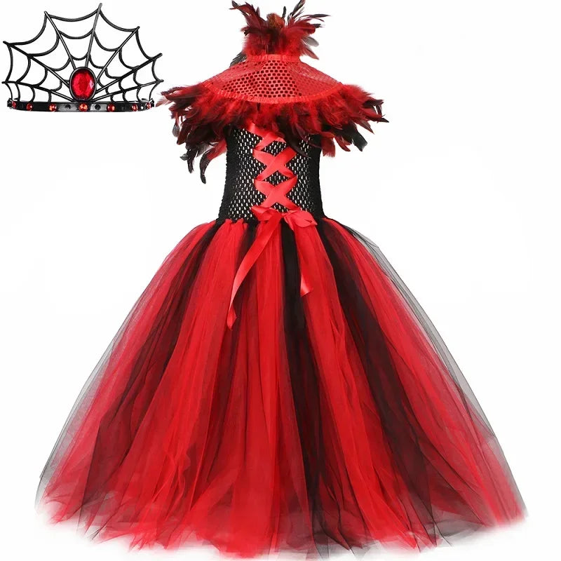 Robe Tutu en Tulle Reine Maléfique Sorcière Vampire Démon Gothique pour Filles, Robe Longue de Fête de Carnaval d'Halloween pour Enfants, Tenues de Déguisement