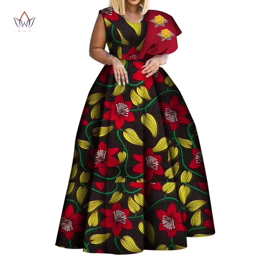 Bintarealwax Robes africaines Dashiki imprimées Bazin Robe de soirée asymétrique Robes africaines grande taille pour femmes WY3834