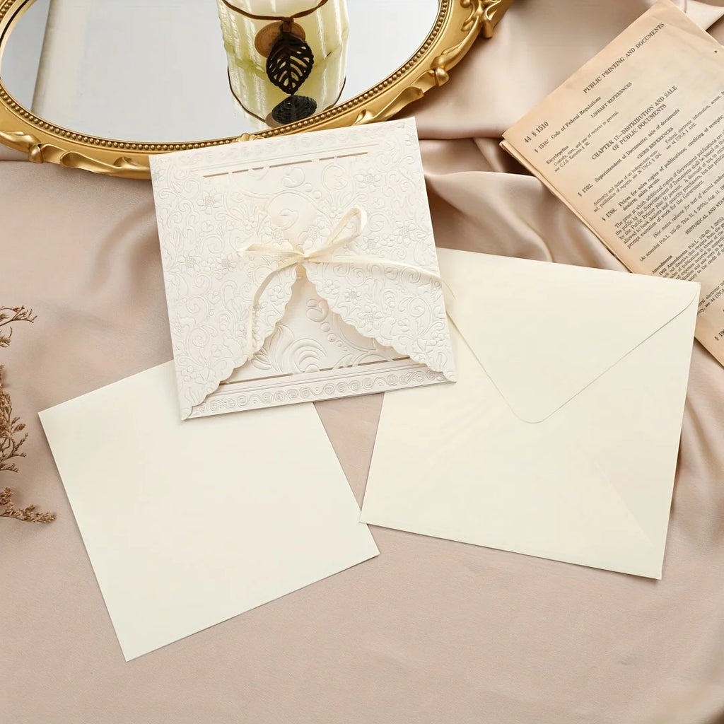 2 invitations de mariage élégantes carrées avec nœud découpé, cartes intérieures et pochettes d'enveloppe - Fournitures et décorations pour mariage et fête