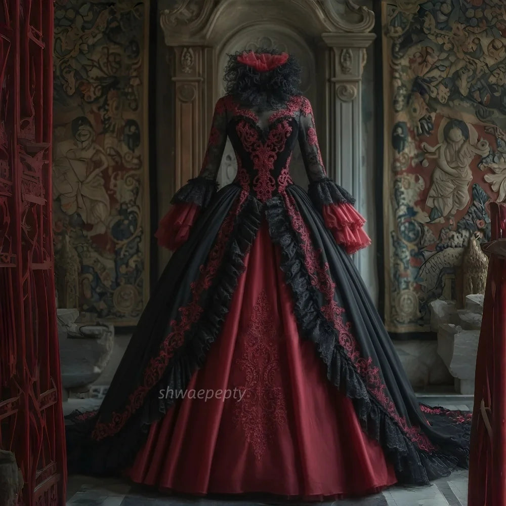 Medieval Gothic Wedding Dress Black And Burgundy Vampire Halloween Costume Lace Appliques Flare Sleeves High Collar Customized