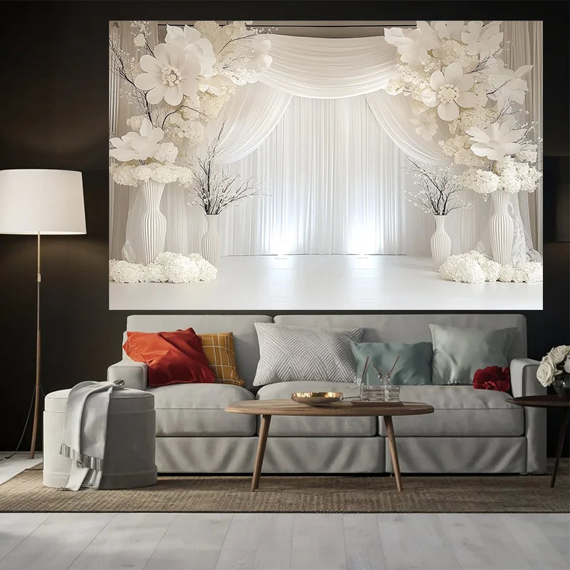 Elegant White Floral Wedding Backdrop Banner with Curtains