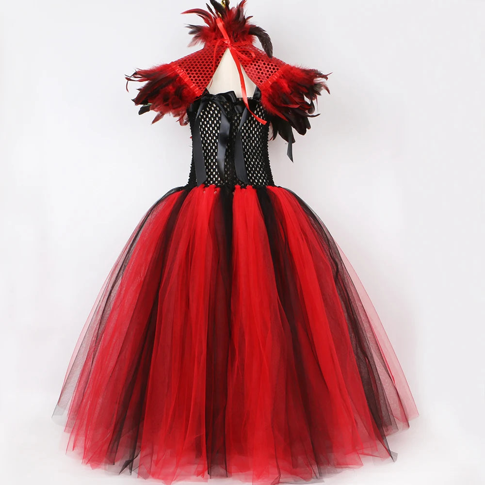 Robe Tutu en Tulle Reine Maléfique Sorcière Vampire Démon Gothique pour Filles, Robe Longue de Fête de Carnaval d'Halloween pour Enfants, Tenues de Déguisement