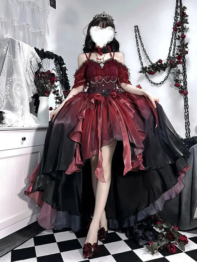 Robe de mariée gothique rouge fleur Cosplay Lolita Robe Op Lolita Robe de princesse bouffante à traîne pour l'industrie lourde, Cosplay Lolita