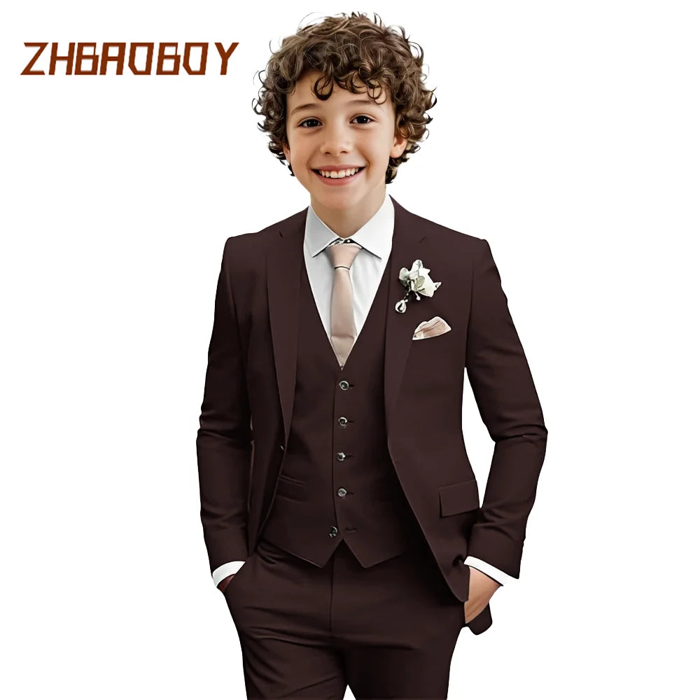 Costume Garçon 3 Pièces Coupe Slim Smoking Enfant Tenue de Mariage Formelle Ensemble Blazer Gilet Pantalon