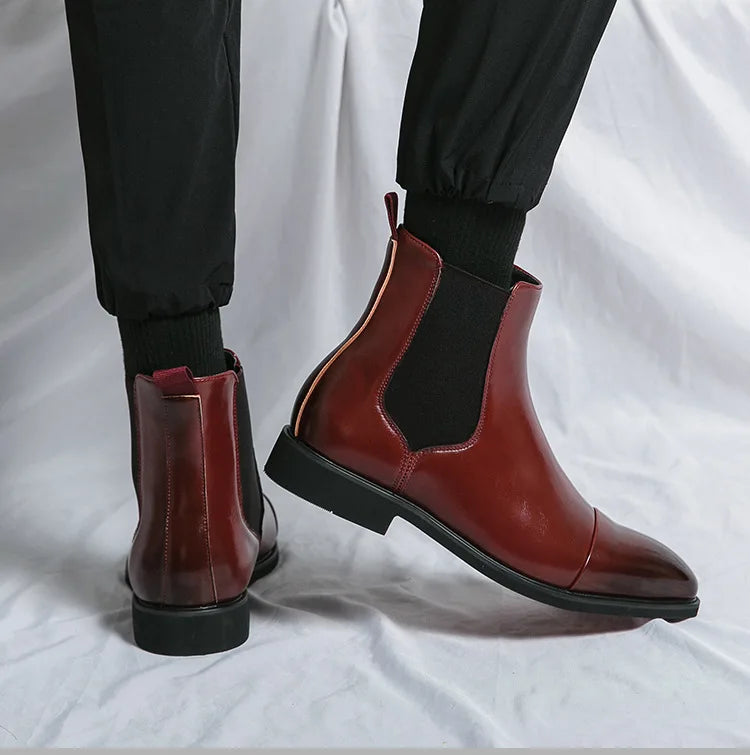 Bottes Cheville Homme Affaires Semelle Rouge Bout Pointu Bottines Habillées Britanniques Chaussures Hautes en Cuir Décontractées Chelsea Homme à Enfiler