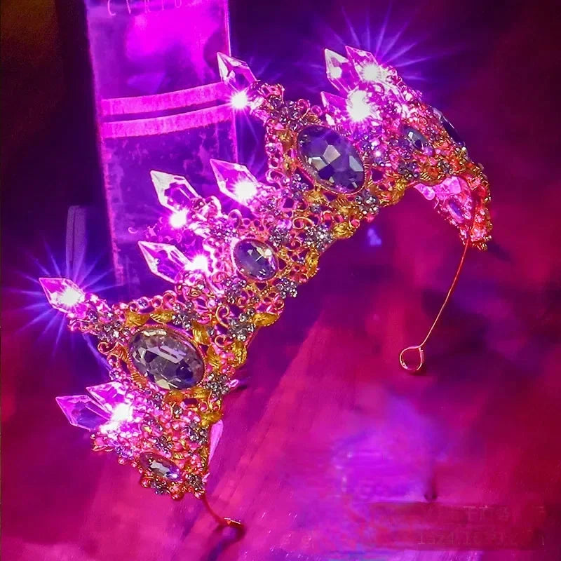 Accessoires de Cheveux de Mariée Lumineux Alliage Cristal Fête LED Lumineux Couronne Strass Diadème Fleur Reine Mariage Festival