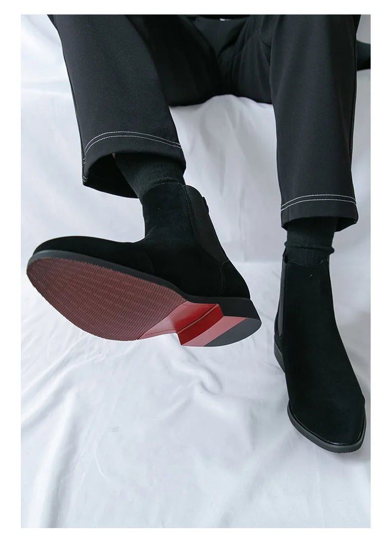 Bottes Cheville Homme Affaires Semelle Rouge Bout Pointu Bottines Habillées Britanniques Chaussures Hautes en Cuir Décontractées Chelsea Homme à Enfiler