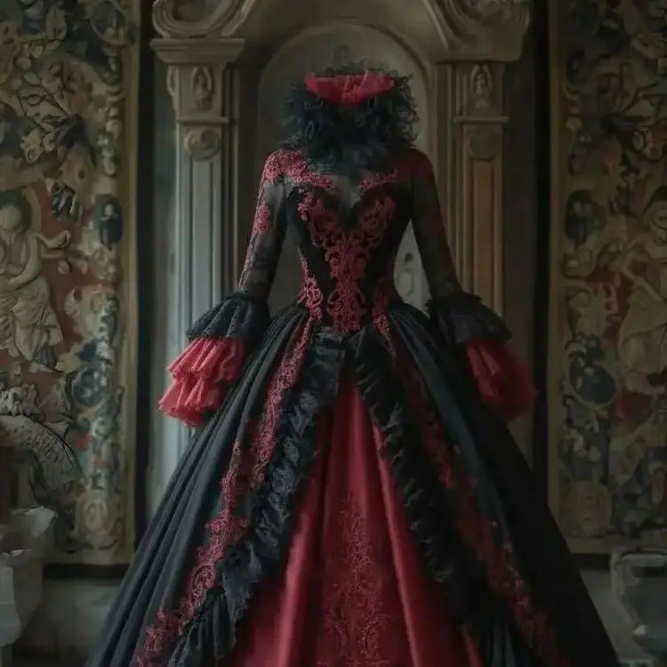 Medieval Gothic Wedding Dress Black And Burgundy Vampire Halloween Costume Lace Appliques Flare Sleeves High Collar Customized
