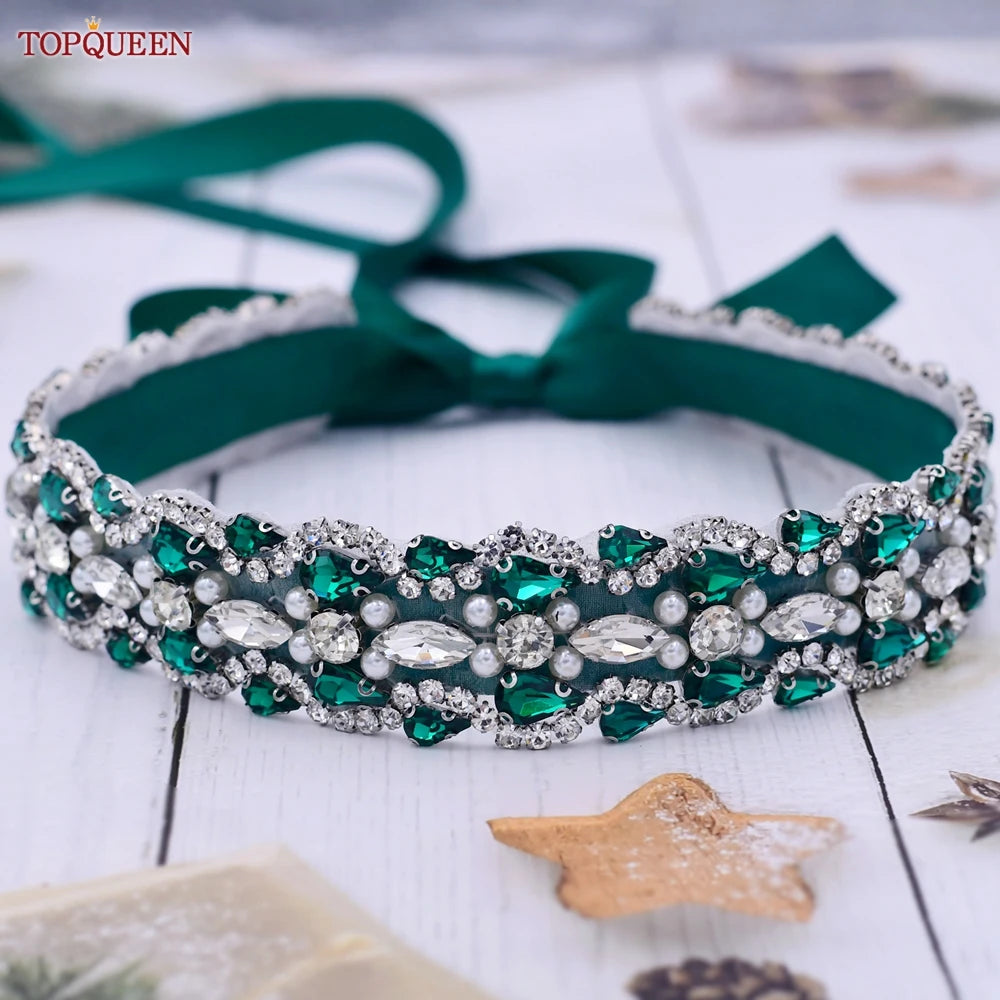 TOPQUEEN Ceinture Verte Multi-styles Avec Diamants Accessoires de Mariage Nuptiaux Strass Robes Femme Soirée Ceintures S30