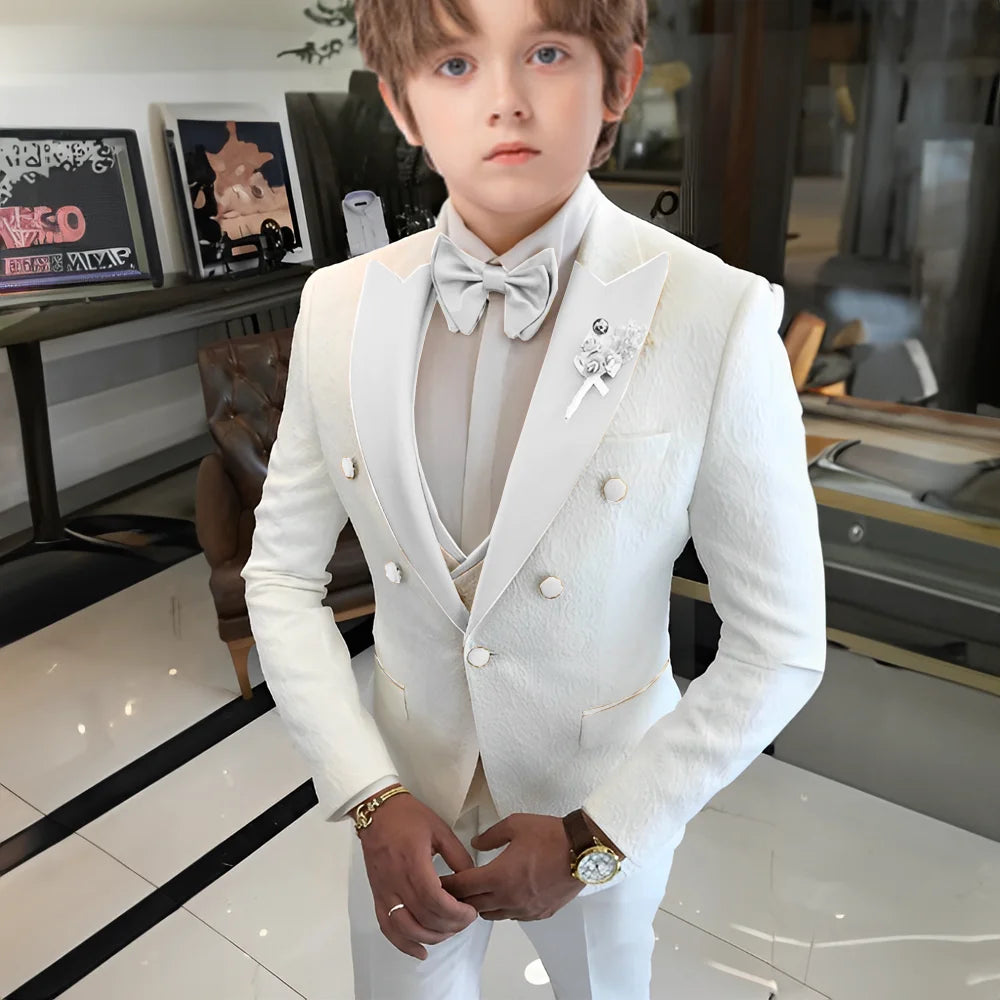 Costume jacquard blanc pour garçons, costume trois pièces pour mariage, smoking enfant 2025, nouveau design, veste, pantalon, gilet, robe sur mesure