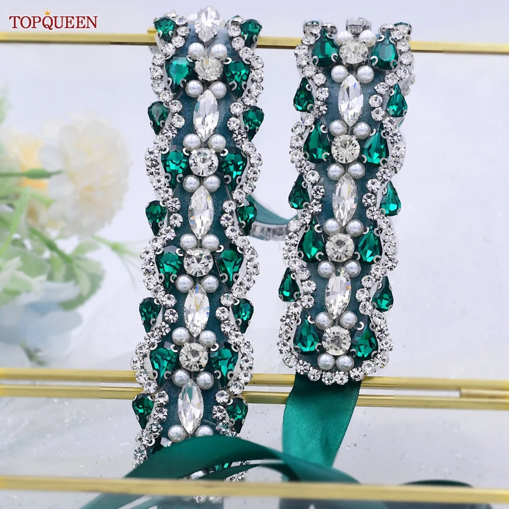 TOPQUEEN Multiple Styles Green Belt With Diamonds Bridal Wedding Accessories Rhinestone Women'S Dresses Evening Girdles S30