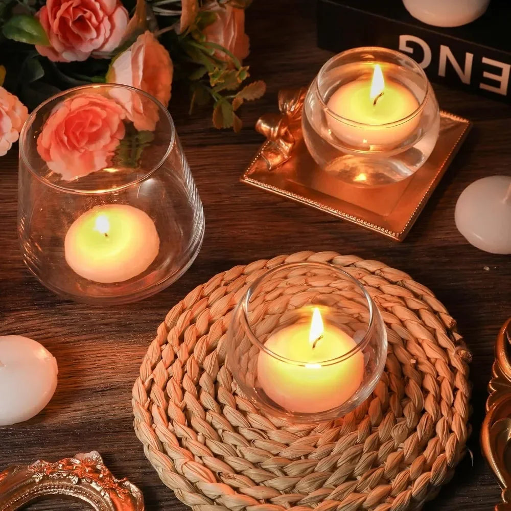 6Pcs Round Votive Candle Holders Glass Tealight Candle Holder Cup with LED Candles for Valentine's Day, Birthday Wedding Decor