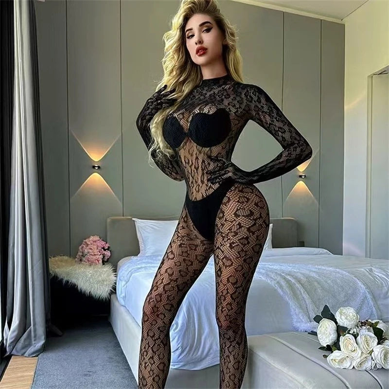 Femmes Sexy Léopard Creux Maille Bodystocking Résille Lingerie Manches Longues Transparent Body Combinaison Nuisette SIMPLEJEWEL