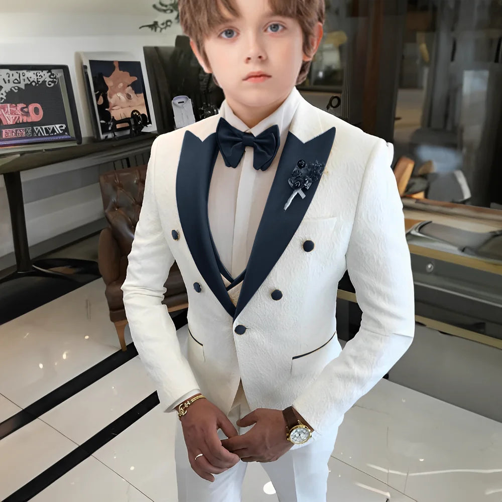 Costume jacquard blanc pour garçons, costume trois pièces pour mariage, smoking enfant 2025, nouveau design, veste, pantalon, gilet, robe sur mesure