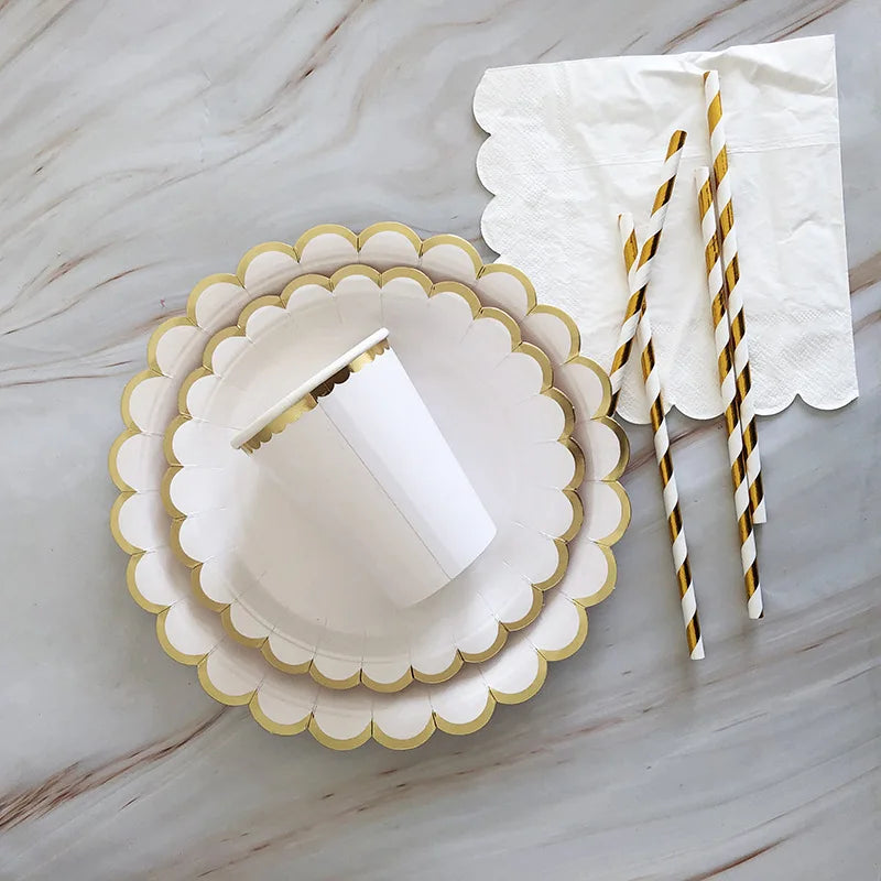 Vaisselle jetable dorée et blanche, assiettes en carton, pailles, gobelets pour 1er anniversaire, mariage, décoration, fête prénatale, fournitures de fête pour enfants.