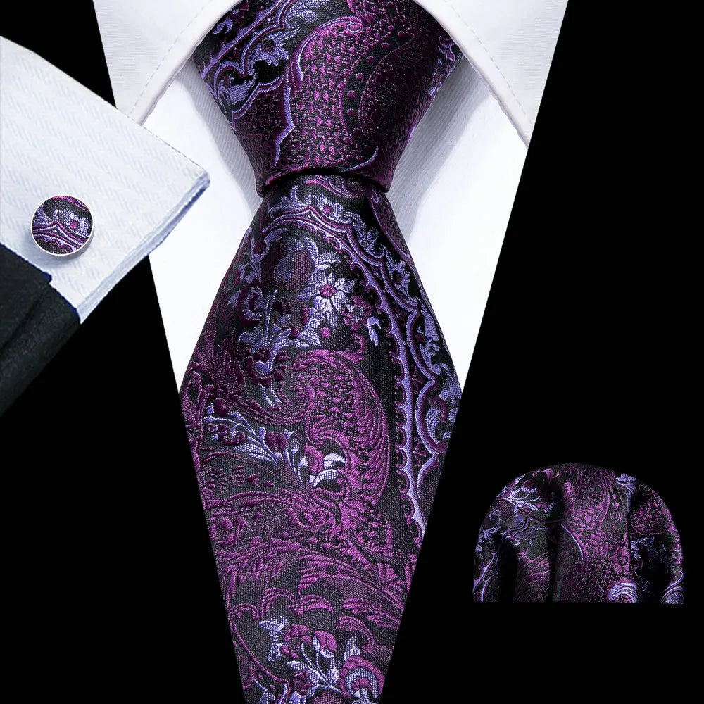 Cravate Homme en Soie Violette Unie avec Pochette Barry.Wang, Ensemble de Cravate et Mouchoir de Poche, Nœuds Papillons Floraux Paisley pour Homme, Cadeau pour Fête, Marié