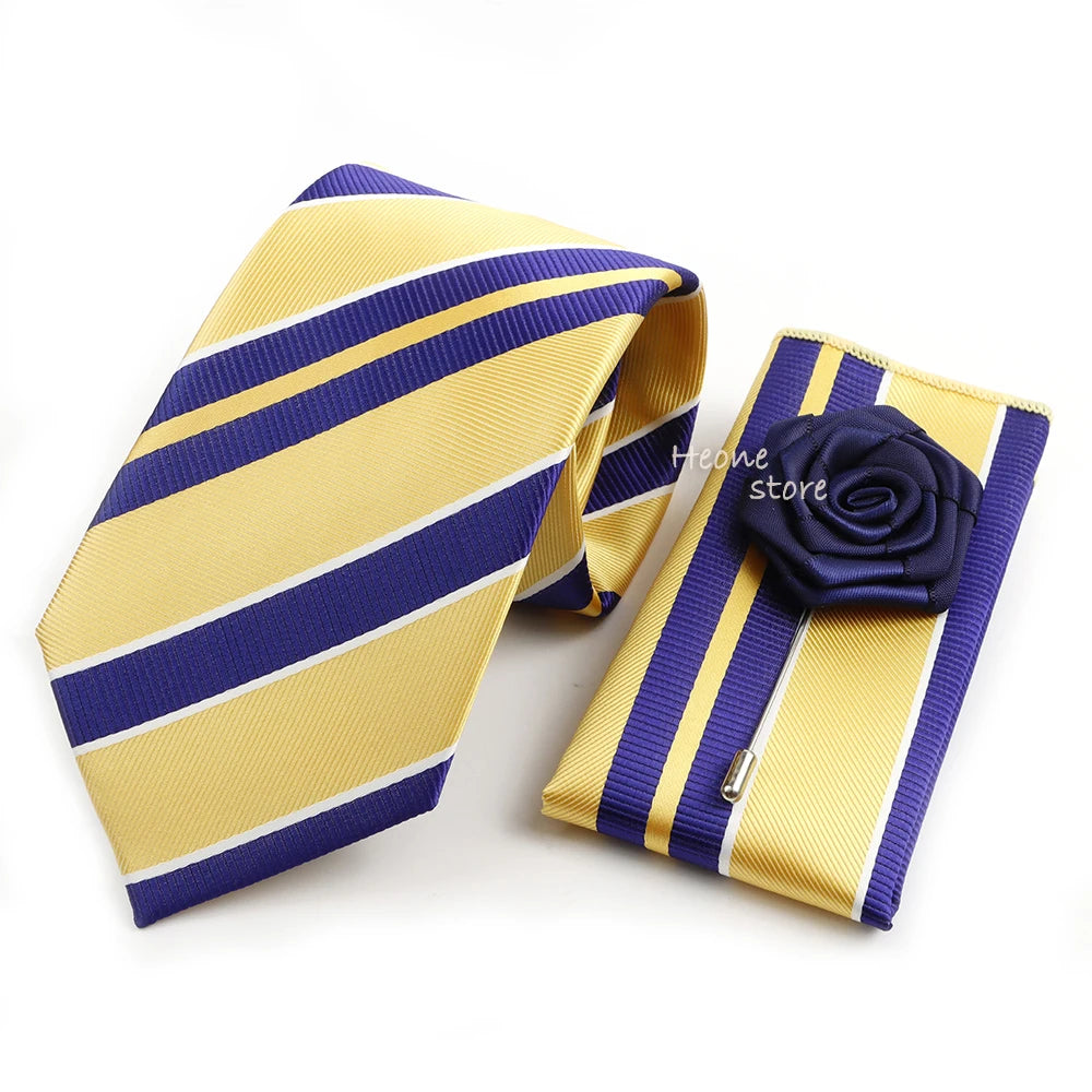 Men's Striped Necktie, Pocket Square & Brooch Set | Groom & Groomsmen Wedding Accessory