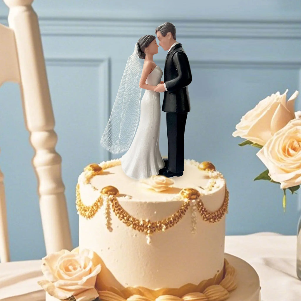Figurine élégante mariés pour gâteau de mariage, avec voile en résille blanche, pour fiançailles, fêtes prénuptiales et anniversaires