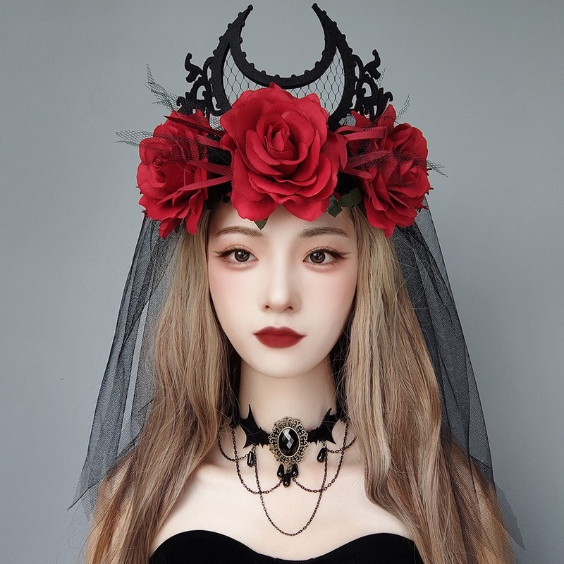 Couronne Gothique Serre-tête Rose Noire Rouge Halloween Roi Mariée Coiffe Sorcière Cosplay Coiffe Fête Mascarade Couvre-chef