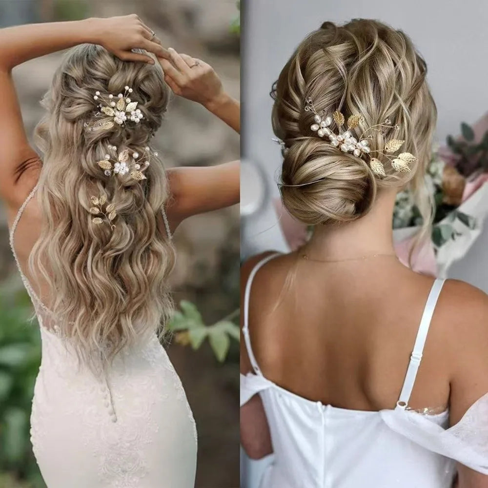 4Pcs Sets Pearl Wedding Hair Accessories Elegant Vintage Leaf Shaped Tiaras Handmade Bride Insert Hair Clip Bride Accessories