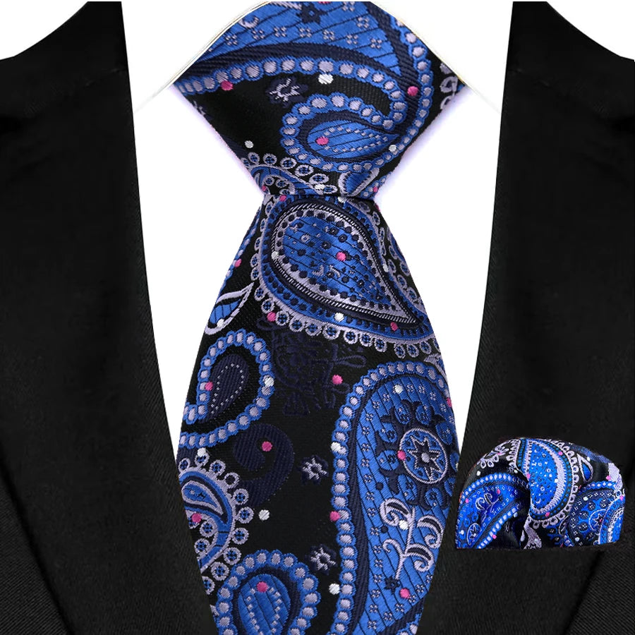 Cravate Homme Bleu Roi de Luxe, Carreaux, Rayures, Paisley, Haute Qualité, Mouchoir de Poche, Ensemble Cravate pour Mariage, Cadeaux d'Affaires