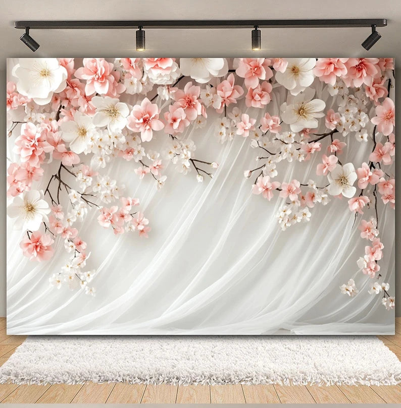 Toile de fond de fête pour photographie, motif mariage, fleur rose, palais, mur blanc, pour fête prénuptiale, décor de portrait de mariage, arrière-plan photo