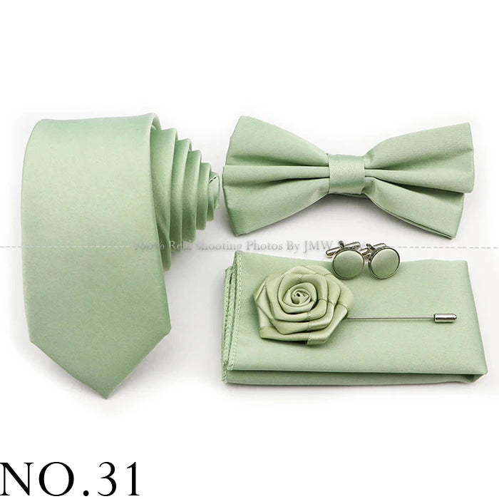 Ensemble cravate et nœud papillon violet bleu sauge vert en polyester, boutons de manchette et broche pour costume de marié, cravate de mariage, accessoire de chemise