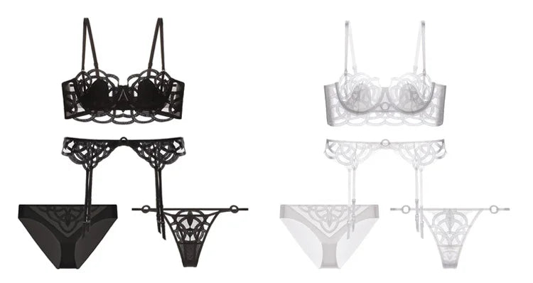 CINOON Lingerie sexy brodée pour femme Ensemble soutien-gorge push-up en dentelle fine et transparente + porte-jarretelles + string, ensemble de 3 pièces de lingerie française