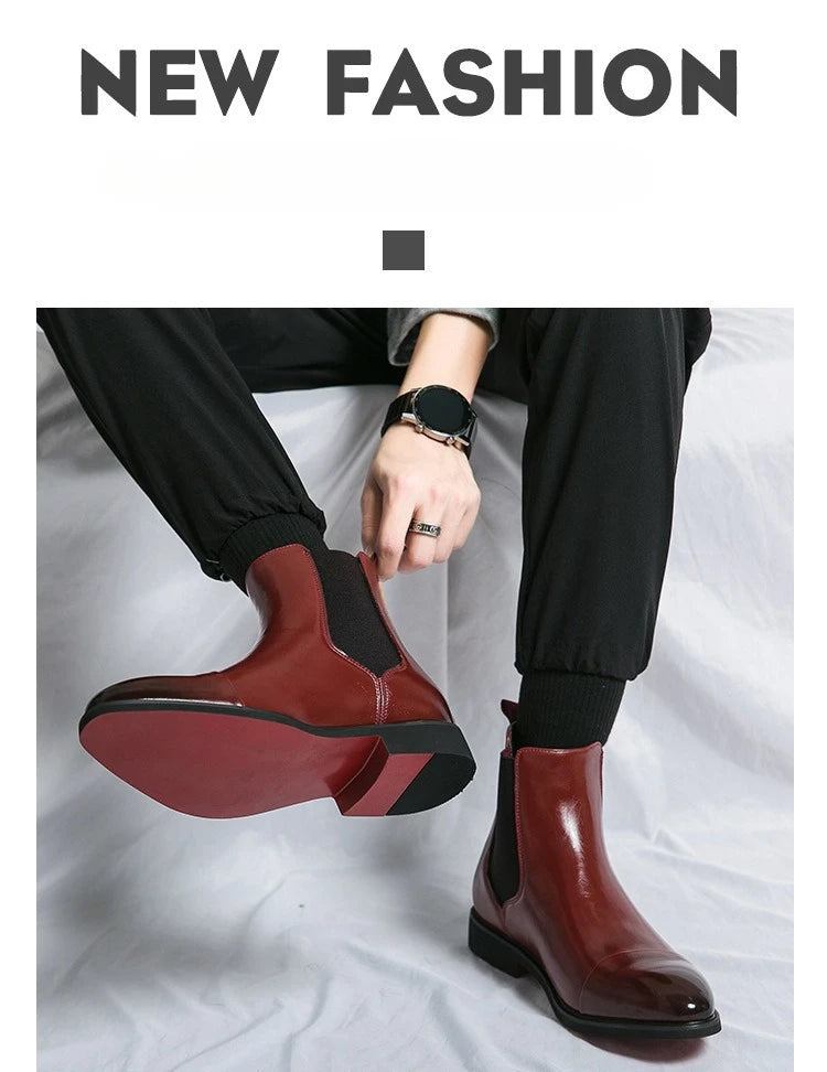 Bottes Cheville Homme Affaires Semelle Rouge Bout Pointu Bottines Habillées Britanniques Chaussures Hautes en Cuir Décontractées Chelsea Homme à Enfiler
