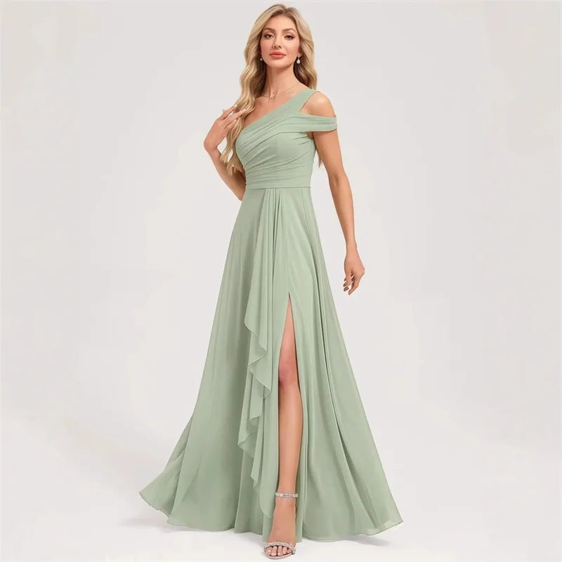 Robe de Demoiselle d'honneur en Mousseline Coupe Droite, Épaule Dénudée, Fendue, Plissée, Élégante pour Mariage, Soirée ou Bal, Dos Lacé