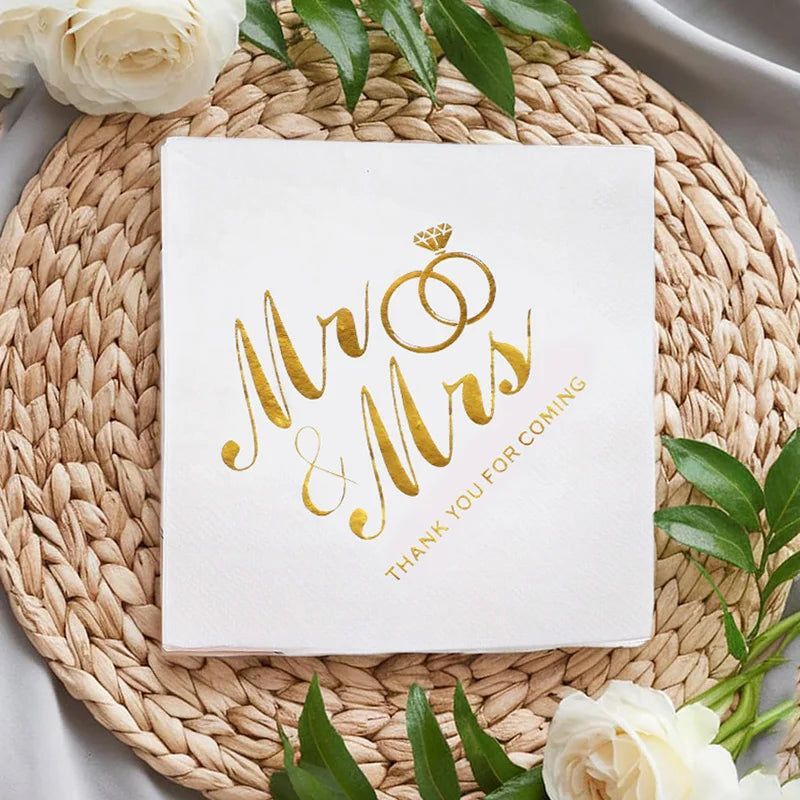 20/60/100 Pièces Serviettes de Mariage Dorées Mr Mrs Serviettes en Papier pour Décoration de Table de Dessert de Mariage Fournitures de Fête Prénuptiale