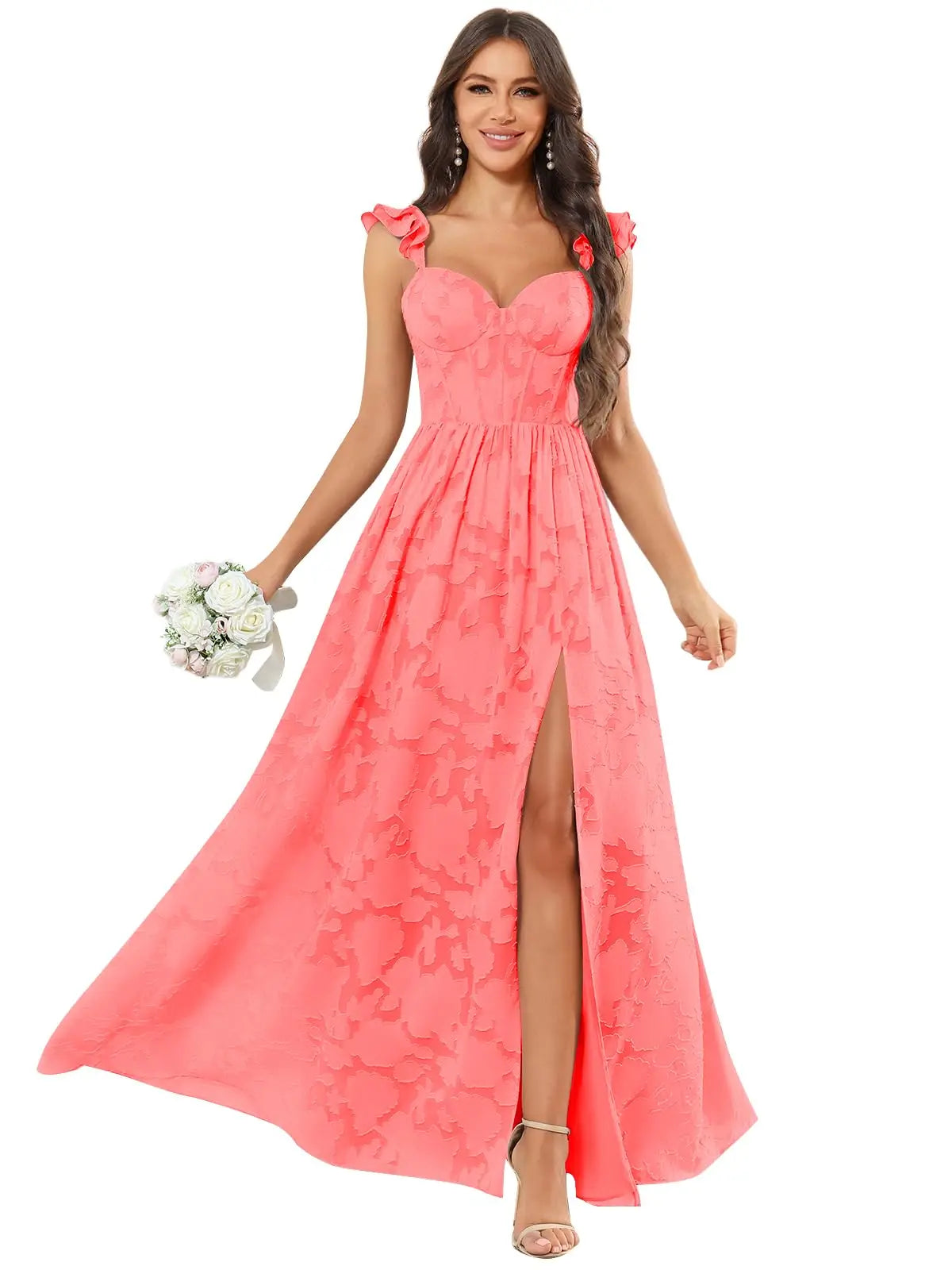 Floral Ruffle Bridesmaid Dress | Sweetheart A-Line Gown with Slit | Wedding Party