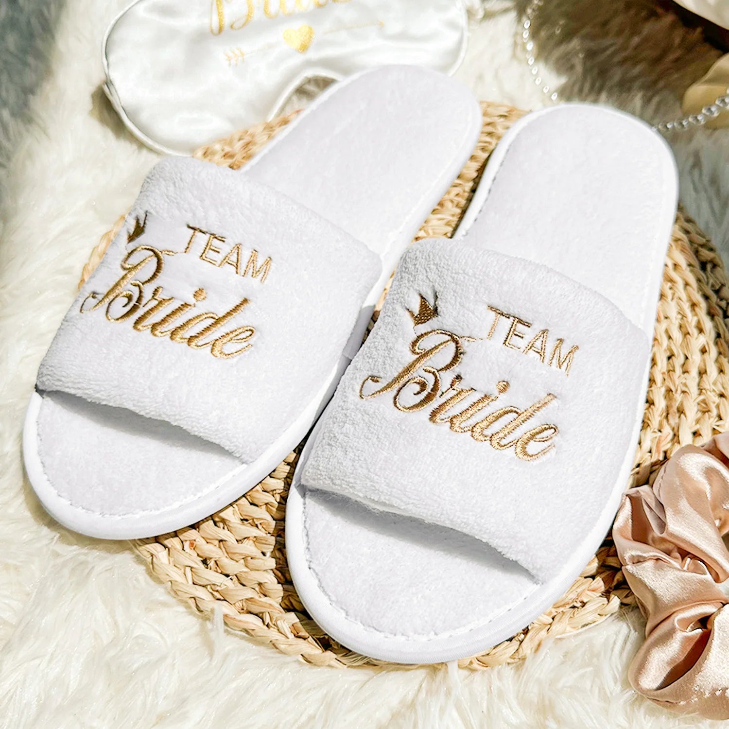 Chaussons de mariée et de demoiselle d'honneur, Chaussons de mariage à enfiler pour invités, à bout ouvert avec broderies dorées, vert menthe et roses