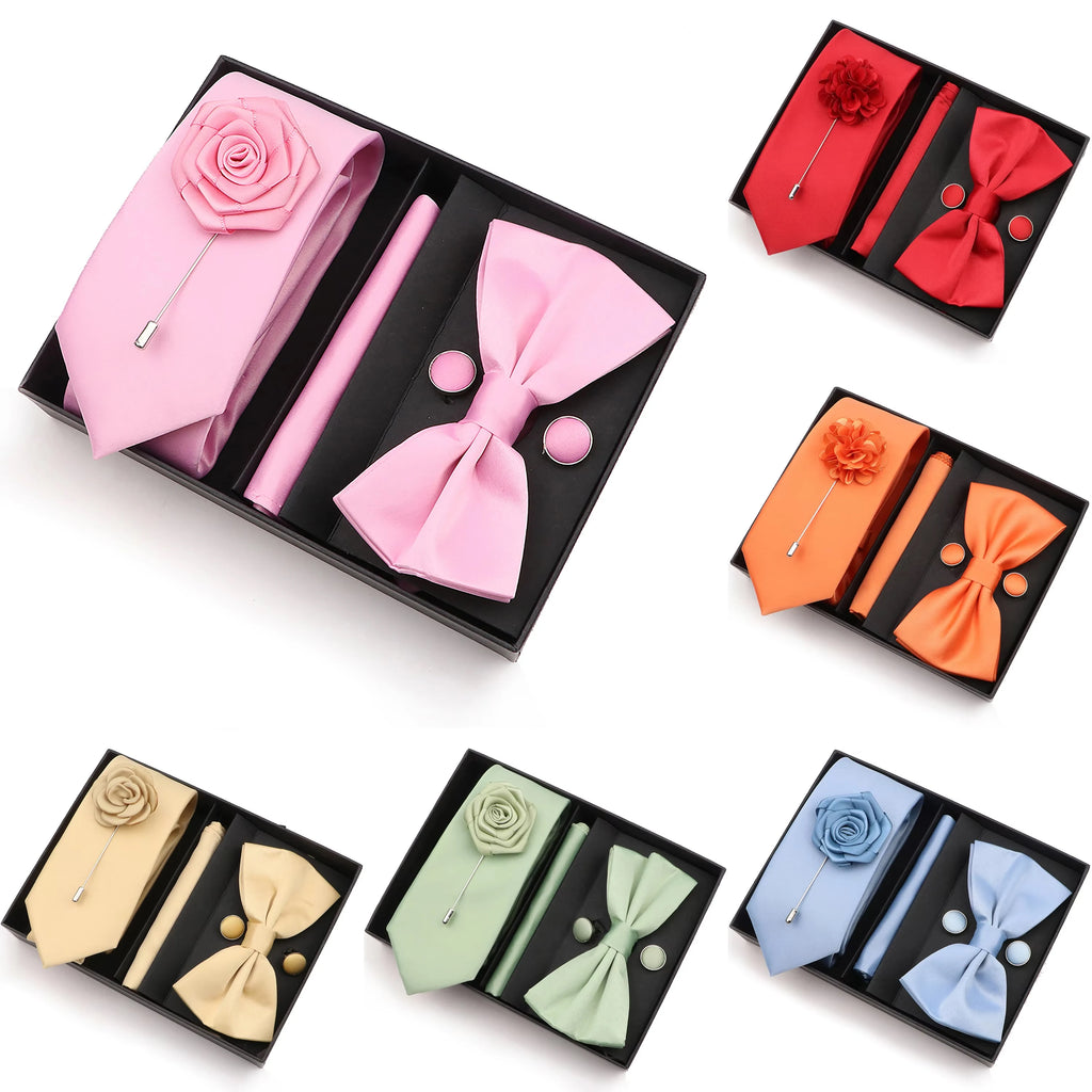 Men's Tie Box Gift Set | Necktie, Bow Tie, Pocket Square, Cufflinks & Brooch