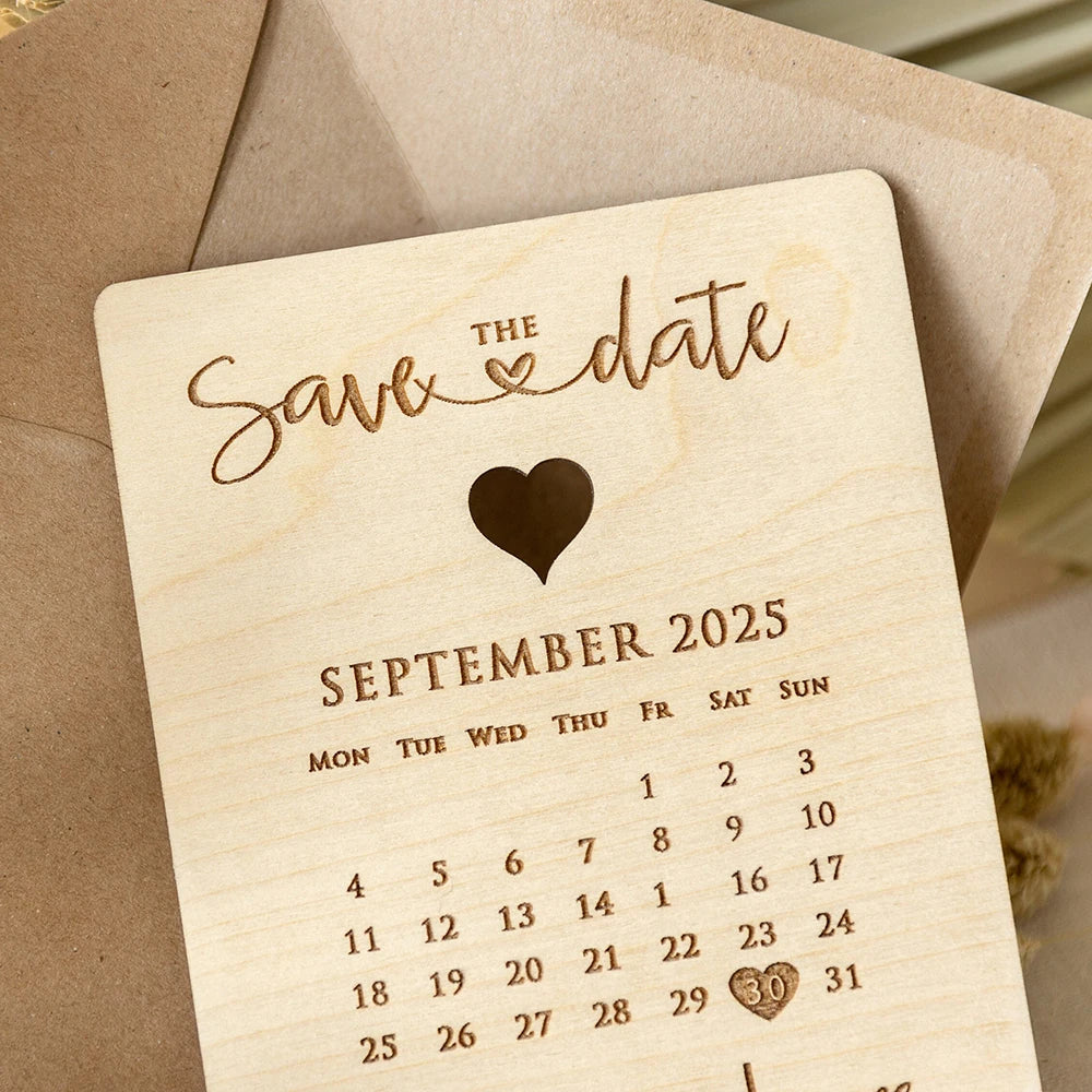 Faire-part de mariage personnalisé en bois/acrylique découpé au laser avec calendrier gravé et enveloppe écologique