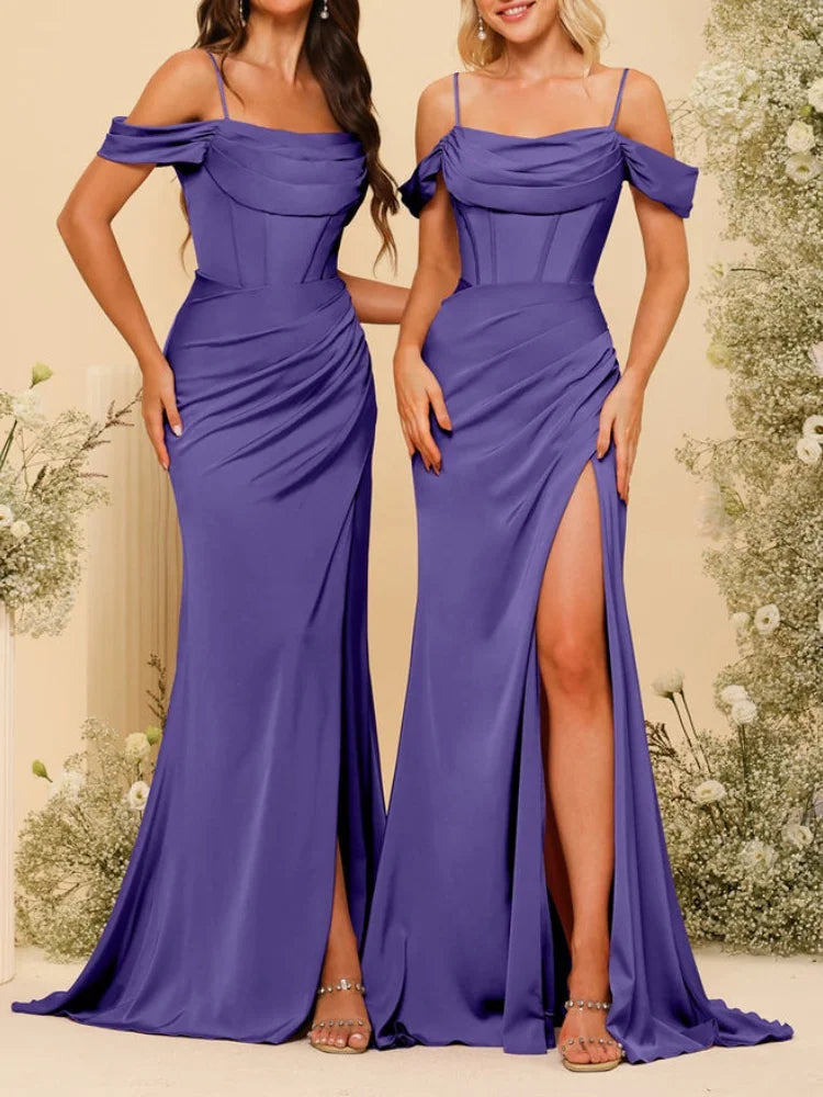 Robes longues de demoiselle d'honneur en satin à fines bretelles, épaules dénudées, fente latérale et drapé, robes de soirée élégantes sans dos