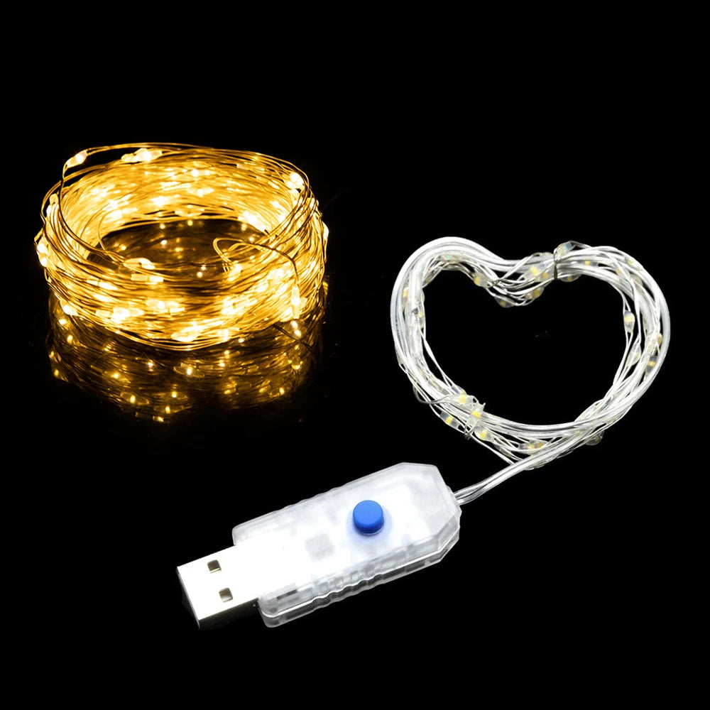 Guirlande Lumineuse LED USB, Fil de Cuivre, Éclairage Féérique, Lumières d'Ambiance pour Fêtes, Mariages, Noël, Décoration Extérieure.